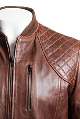 Men's Brown Leather Rib Knit Collar Bomber Jacket With Diamond